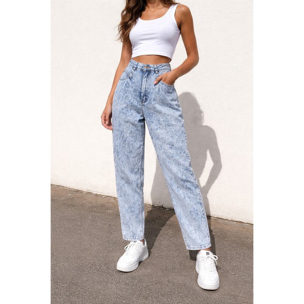 VTG Sundance Denim Wear Vintage Acid Wash High Waist Pleated Tapered Leg Jeans